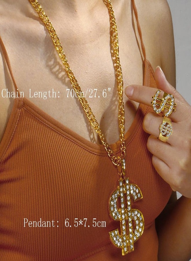 Acruccen 80s 90s Accessories Outfit for Women Hip Hop Costume Kit Dollar Sign Necklace & Rings Costume Gold Chain Necklace & Bracelet & Earrings Rapper Jewelry - Image 4